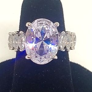 SILVER RING SIZE 6 LARGE OVAL LAVENDAR STONE & CZ MARQUIS